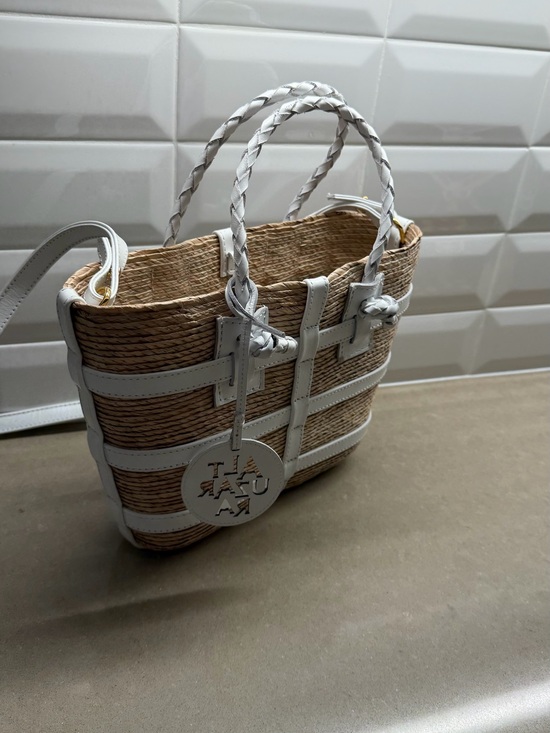 Handbags - Altuzara Woven Straw Tote with White Trim - Women's Bag